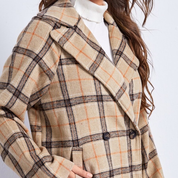beige plaid button pocket fall trench pea coat - Picture 5 of 5